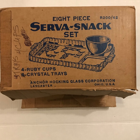 Set Of 2 Vintage Anchor Hocking Serva-Snack Clear Crystal Trays & Ruby R… - Picture 8 of 12